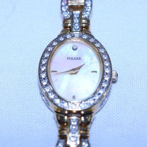 Pulsar PEGA62 Mother of Pearl Dial Crystal Accented Gold Tone Women's Watch